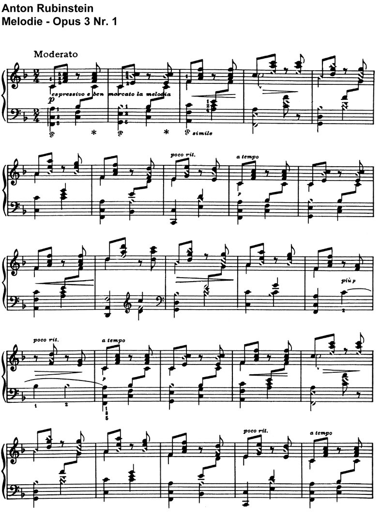 Rubinstein - Melodie - Opus 3 Nr 1 - 6 Seiten - 3 Versionen
