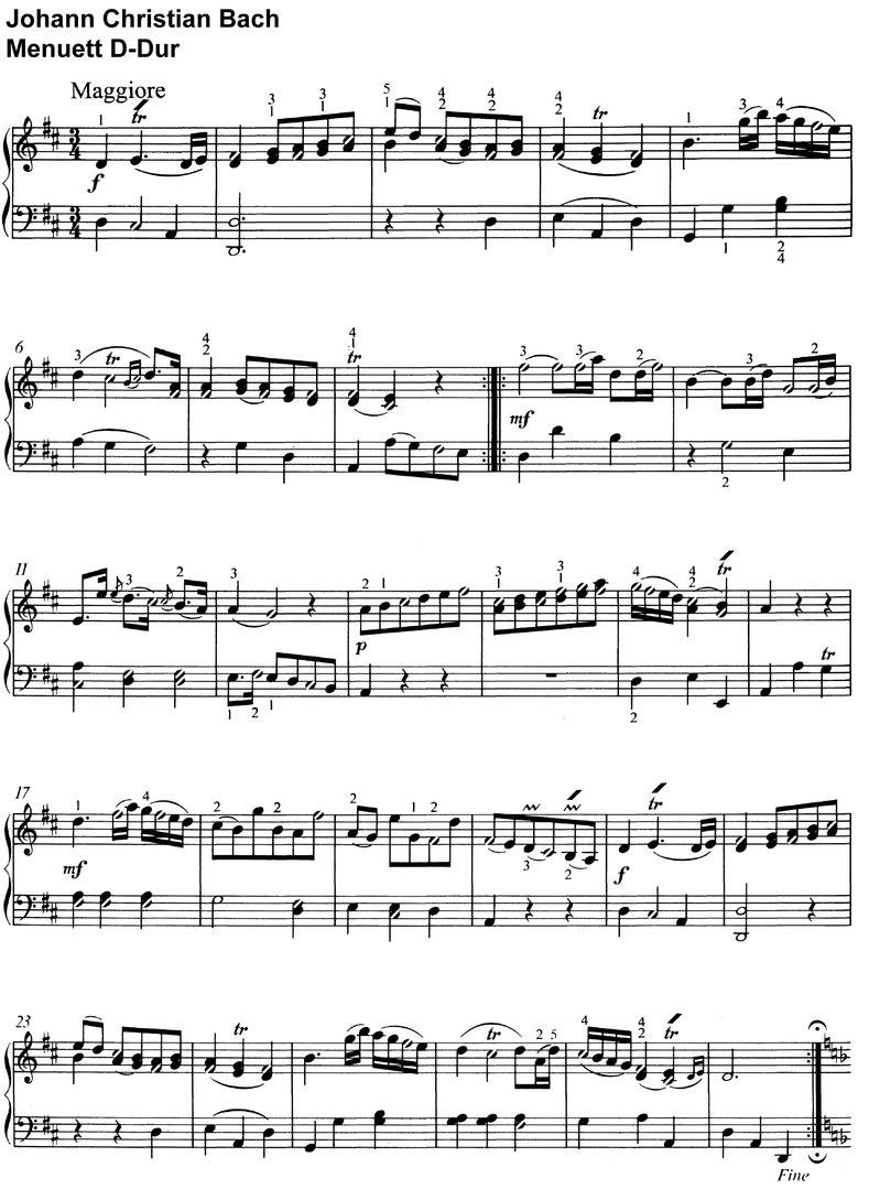 Bach, Johann C  - Menuett in D-Dur - 2 Seiten