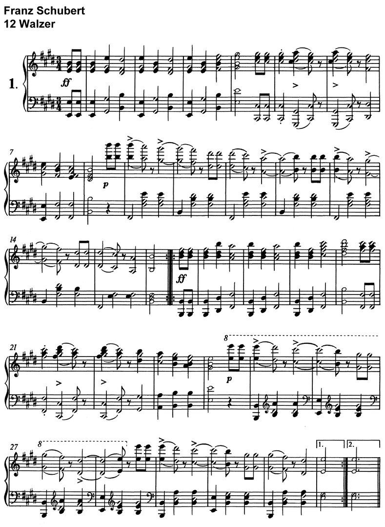 Schubert - 16 Walzer D 145 - 12 Seiten Klaviernoten